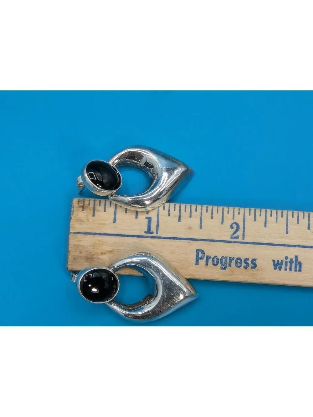 Vintage 925 Sterling Silver Onyx Door Knocker Postback Earrings Articulating